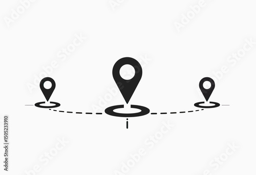 Vector illustration of three location pins connected with curved dotted paths, ideal for route mapping, delivery logistics, geolocation services, and mobile navigation interfaces

