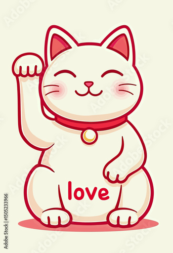 Minimal vector illustration of a white maneki-neko lucky cat with “love” text on its belly and raised paw, symbolizing both affection and good fortune, ideal for lifestyle branding, gifts, and wellnes