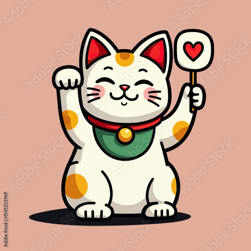 Colorful calico maneki-neko lucky cat holding a heart sign, with a green bib and raised paw, perfect for merchandise, good luck gifts, Asian-inspired branding, and cheerful product packaging

