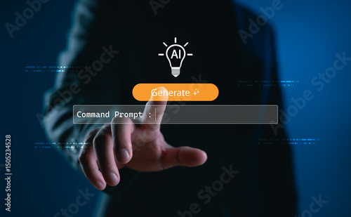Artificial intelligence concept with command prompt and generate button interface. Futuristic UI design representing prompt-based AI tools, automation, and machine learning innovation.