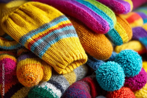 Colorful knitted mittens and hats stacked together in a vibrant display for winter warmth and fashion