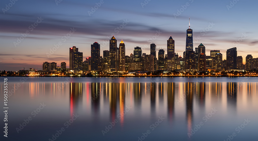 Obraz premium New York City Skyline at Dawn Reflected in Calm Water