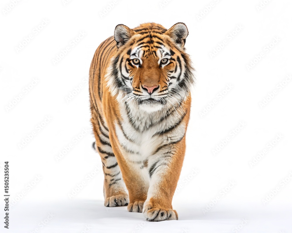 Obraz premium Majestic Tiger Walking Towards Camera on White Background