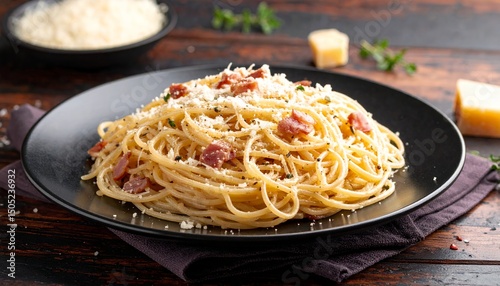 A delicious serving of spaghetti carbonara on a black plate, ready to be enjoyed. The classic italian pasta dish is presented with cheese and herbs.