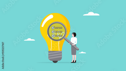 researching business ideas, market research for business idea success, Business idea viability checking, businesswoman with magnifier analyze business light bulb idea concept vector illustration