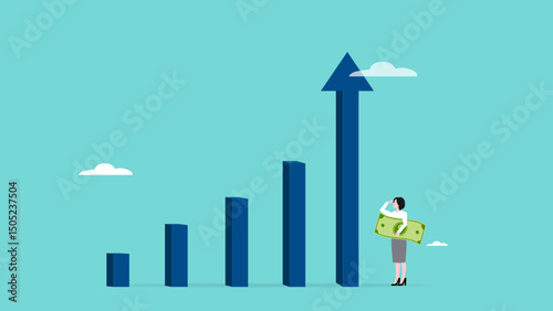 Grow business increase sales and profit, growth or progress to achieve goal, development to boost performance concept, businesswoman looking at high rising up graph arrow while carrying banknotes