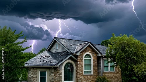 Lightning Strike Over Suburban House During Stormy Night