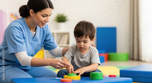 Pediatric occupational therapist assisting a young child with developmental exercises.