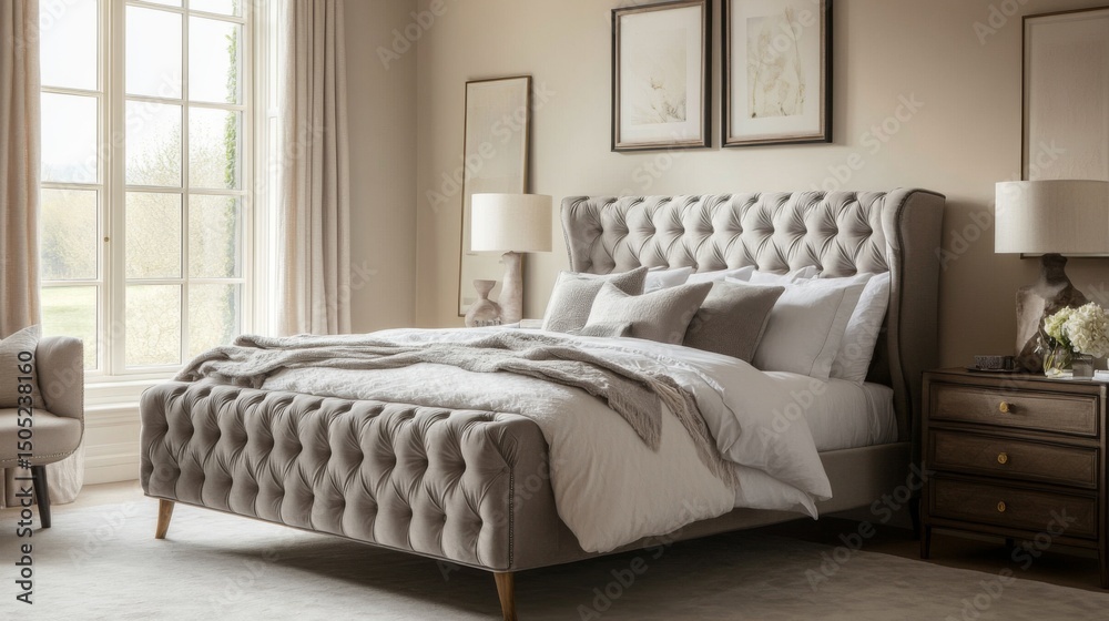 Obraz premium A contemporary luxury bedroom featuring a tufted bed, designer furniture, and soft neutral tones
