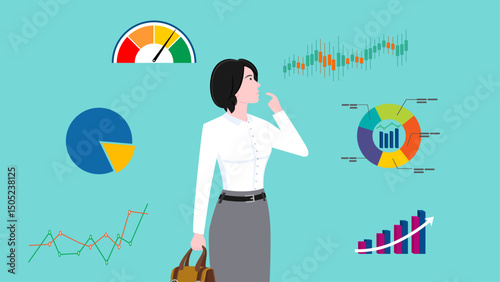 financial data analysis, Analyze investment stock market data, economic growth diagram, investment management, businesswoman thinking with data chart and graph concept vector illustration