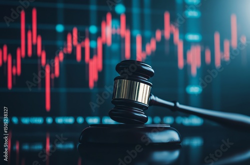 Wooden Gavel on Desk with Overlay of Financial Charts in a Business Legal Concept