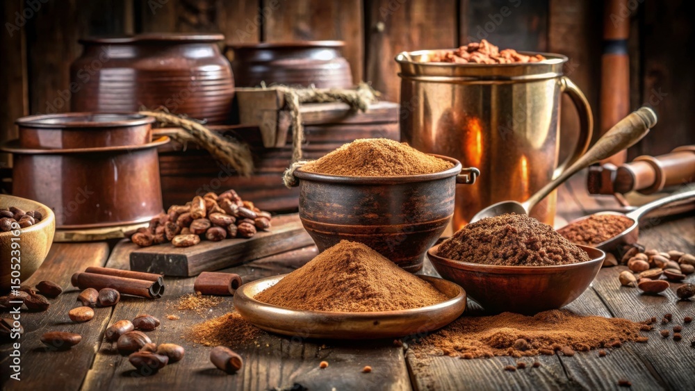 Dark brown sugar granules scattered on a wooden work surface, surrounded by various chocolate-making ingredients like cocoa powder, salt and large copper pots, pantry, kitchen Dark brown sugar granules scattered on a wooden work surface, surrounded by various chocolate-making ingredients like cocoa powder, salt and large copper pots, pantry, kitchen
