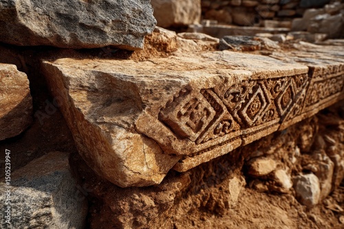 Ancient stone carving detail from archaeological site showcasing intricate designs and historical significance