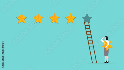 five star rating, client holding review stars concept, woman puts a star to give five star rating, woman placing 5 stars rating flat with flat style