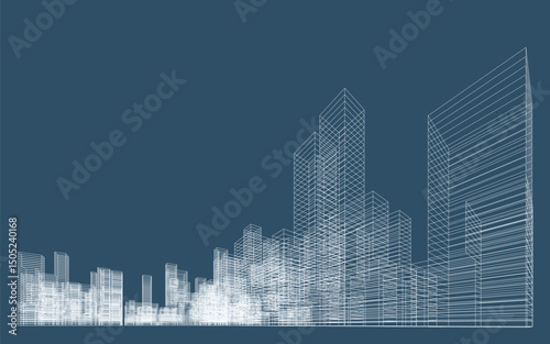 3D wireframe perspective of building. Abstract wireframe city background for template design. Vector illustration.