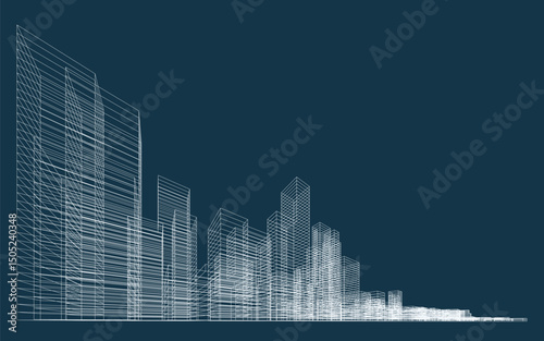 3D wireframe perspective of building. Abstract wireframe city background for template design. Vector illustration.
