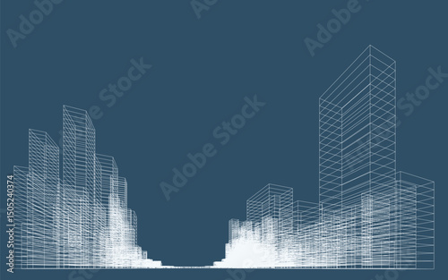 3D wireframe perspective of building. Abstract wireframe city background for template design. Vector illustration.