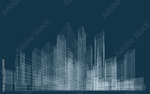 3D wireframe perspective of building. Abstract wireframe city background for template design. Vector illustration.