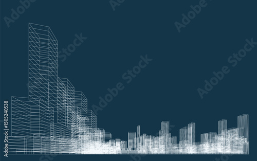 3D wireframe perspective of building. Abstract wireframe city background for template design. Vector illustration.