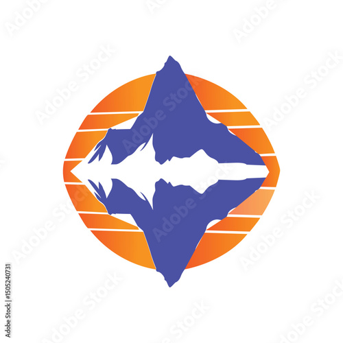 Mountain reflection silhouette in vibrant circular sunset design with bold geometric contrast