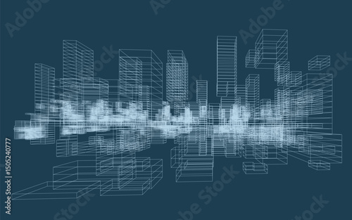 Abstract geometric wireframe in linear style. Matrix cubes pattern background for architectural template design. Schematic design idea of box and space. Vector illustration.