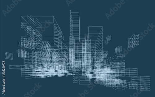 Abstract geometric wireframe in linear style. Matrix cubes pattern background for architectural template design. Schematic design idea of box and space. Vector illustration.
