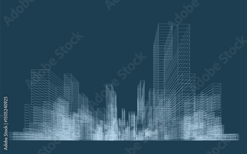 3D wireframe perspective of building. Abstract wireframe city background for template design. Vector illustration.