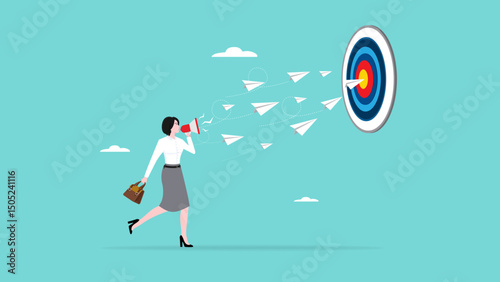 business marketing target strategy, skill or knowledge to reach target or business success, woman controls the direction of paper airplane using megaphone to reach business target or achievement