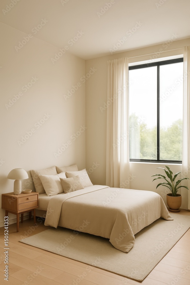 Fototapeta premium Cozy Zen-Inspired Bedroom with Large Window and Neutral Tones