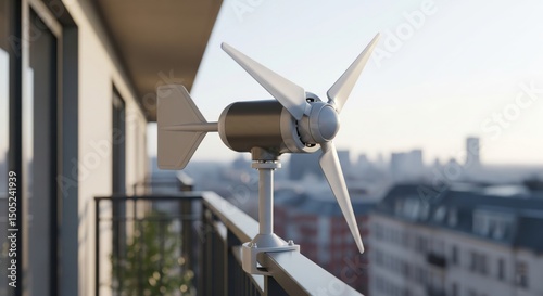 Mini wind turbine on a balcony generating eco-friendly renewable energy for homes.