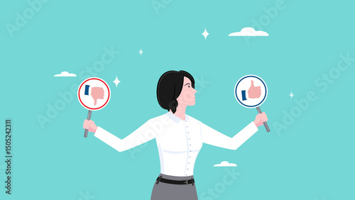 good and bad choice concept, Things that are prohibited and permitted in the world of work, rules for achieving business success, smart businesswoman holding waring thumb up and thumb down sign