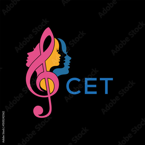 Music and Woman Faces Logo  Vibrant Treble Clef Design . CET Letter log . Creative Feminine Music Logo Treble Clef with Silhouette.
