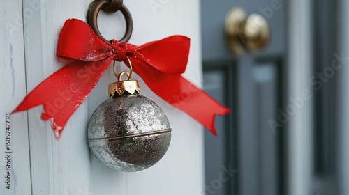 Bright jingle bells with festive ribbon, soft holiday background, 25 December Christmas day  photo