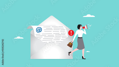 give business information via email, newsletter and email marketing concept, provide company business letters, women convey information in email letters using megaphones concept vector illustration