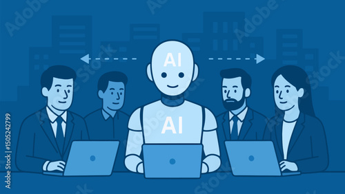 Artificial intelligence replaces office workers. Humanoid robot and office workers do routine tasks in a modern workspace. Created in a minimal flat 2D style. Vector illustration