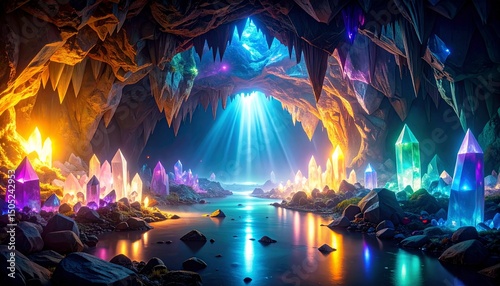 Fantasy Glowing Crystal Cave Background with Multicolored Lights