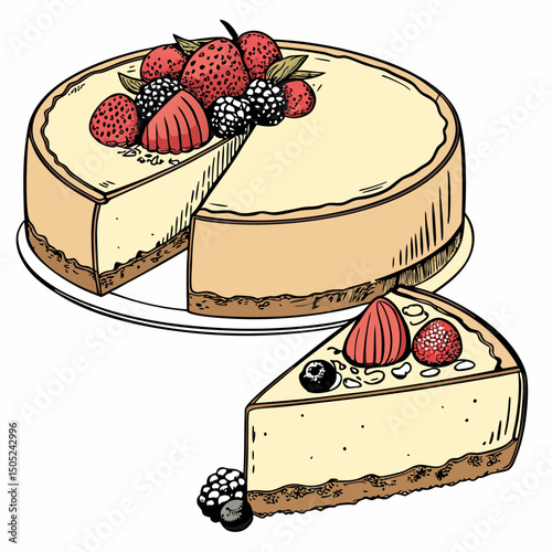 Realistic vector illustration of a delicious full cheesecake, perfect for food-themed digital designs, menus, posters, and micro stock projects.
