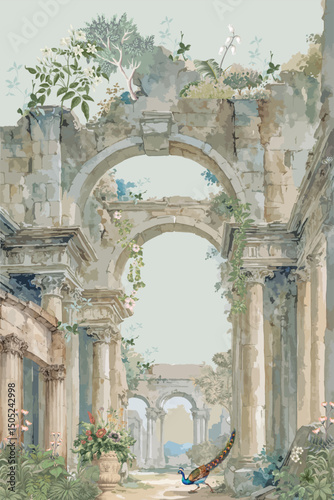 Ancient roman ruins, arch, columns, with peacock illustration for wallpaper