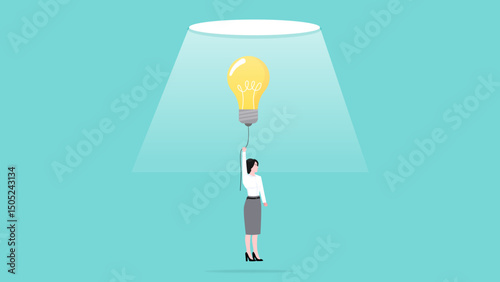 knowledge to achieve business success or financial freedom, strategy or procedure to achieve business success, journey job target action career, businesswoman flying using a light bulb balloon concept