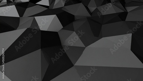 3D Rendered Abstract Faceted Polygon Terrain Background in Matte Black Shades