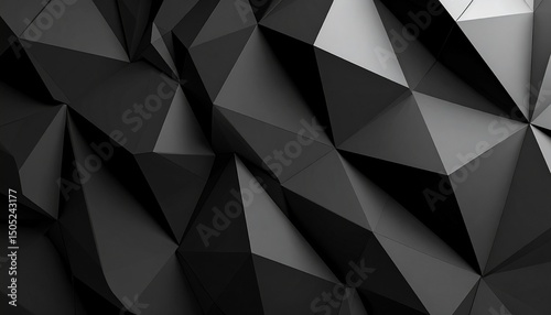 3D Rendered Abstract Faceted Polygon Terrain Background in Matte Black Shades
