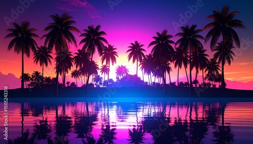 Vibrant sunset over tropical beach in surreal holographic colors