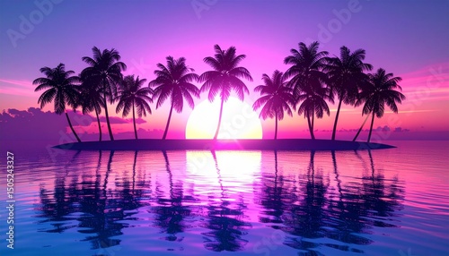 Vibrant sunset over tropical beach in surreal holographic colors