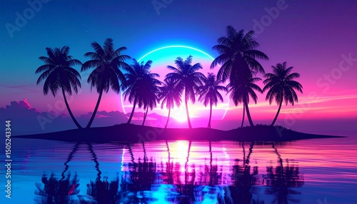 Vibrant sunset over tropical beach in surreal holographic colors