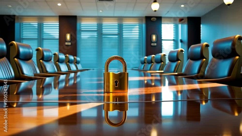 Padlock on Boardroom Table Symbolizing Data Security Indoors
