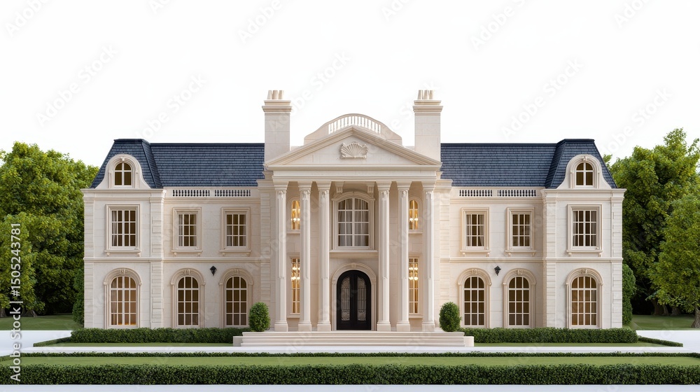 Fototapeta premium Grand Beige Mansion with White Columns and Dark Grey Roof