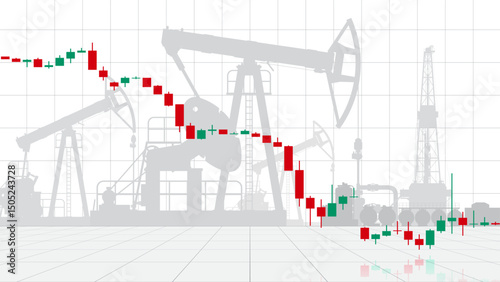Chart of falling crude oil prices per barrel. Industrial pump jack background. Analysis fall global energy markets. Influence of economic insiders. World market review. Investment strategies. Vector