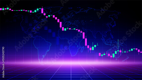 Stock market trading chart. Abstract finance violet blue background world map. Falling financial market. Japanese candlesticks. Investment concept. Economy trends background for business. Vector