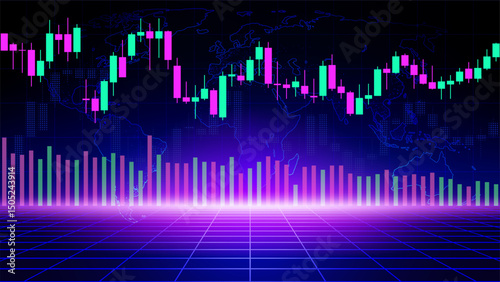 Stock market trading chart. Abstract finance violet blue background world map. Volatile financial market. Japanese candlesticks. Investment concept. Economy trends background for business. Vector