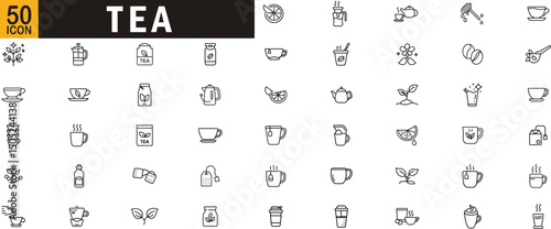 Tea editable outline icon set. Cup, herbal, kettle, brewing, leaves, drinkware and more.
